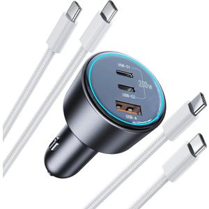 ROADRESS 200W Super Fast Car Charger for iPhone 16/15 Pro Max, 3-Port USB C Car Charger Adapter with 2100W USB C to C Cables, PD3.0/QC4.0, 12V-24V Vehicle Compatible, LED Light & Overheat Protection