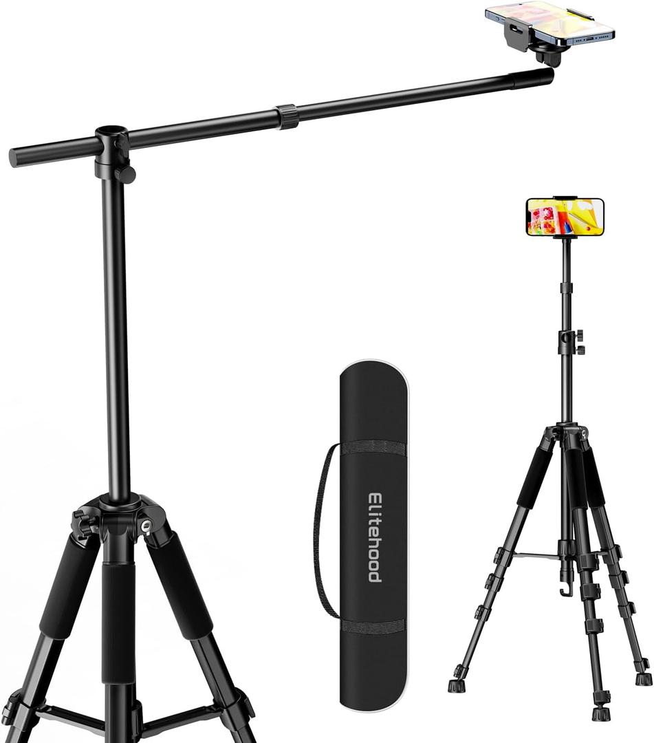 Elitehood Phone Tripod for Overhead Video Recording Updated Horizontal 59-inch Adjustable Tripod for iPhone with 25in Long Extendable Arm, 360 Rotation iPhone Stand Holder for Overhead Recording