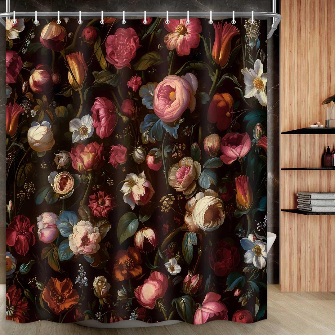 Drgilau Floral Shower Curtain, Black Boho Flower Shower Curtains Vintage Floral Bath Curtain Set Decor, Pink Plant Flower Bathroom Curtains with Hooks for Bathroom Decor 70X90 Inch