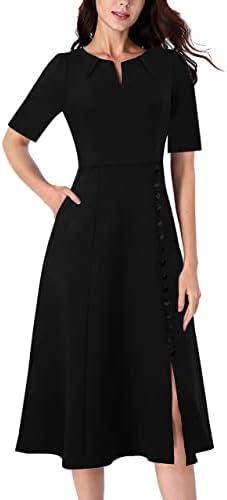 VFSHOW Women Pleated Notch V Neck Pockets Buttons Work Office Business A-Line Midi Dress XS