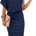 Ezbelle Women's 2025 Summer Dress Off The Shoulder Short Sleeve Ribbed Casual Party Bodycon Midi Dresses (Navy Blue)