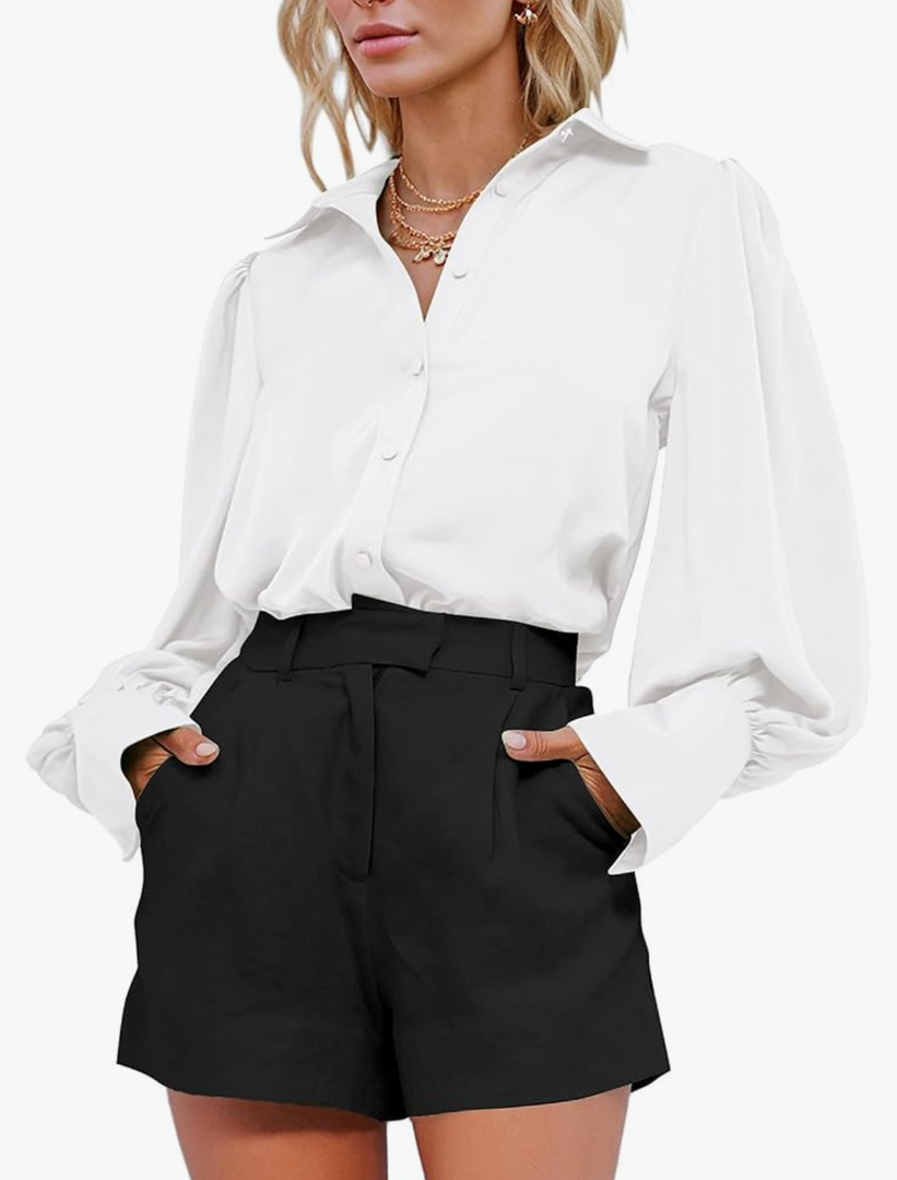 BTFBM Women Satin Button Down Shirts Summer Spring Lantern Long Sleeve Lapel V Neck Blouse Loose Casual Office Work Tops, S