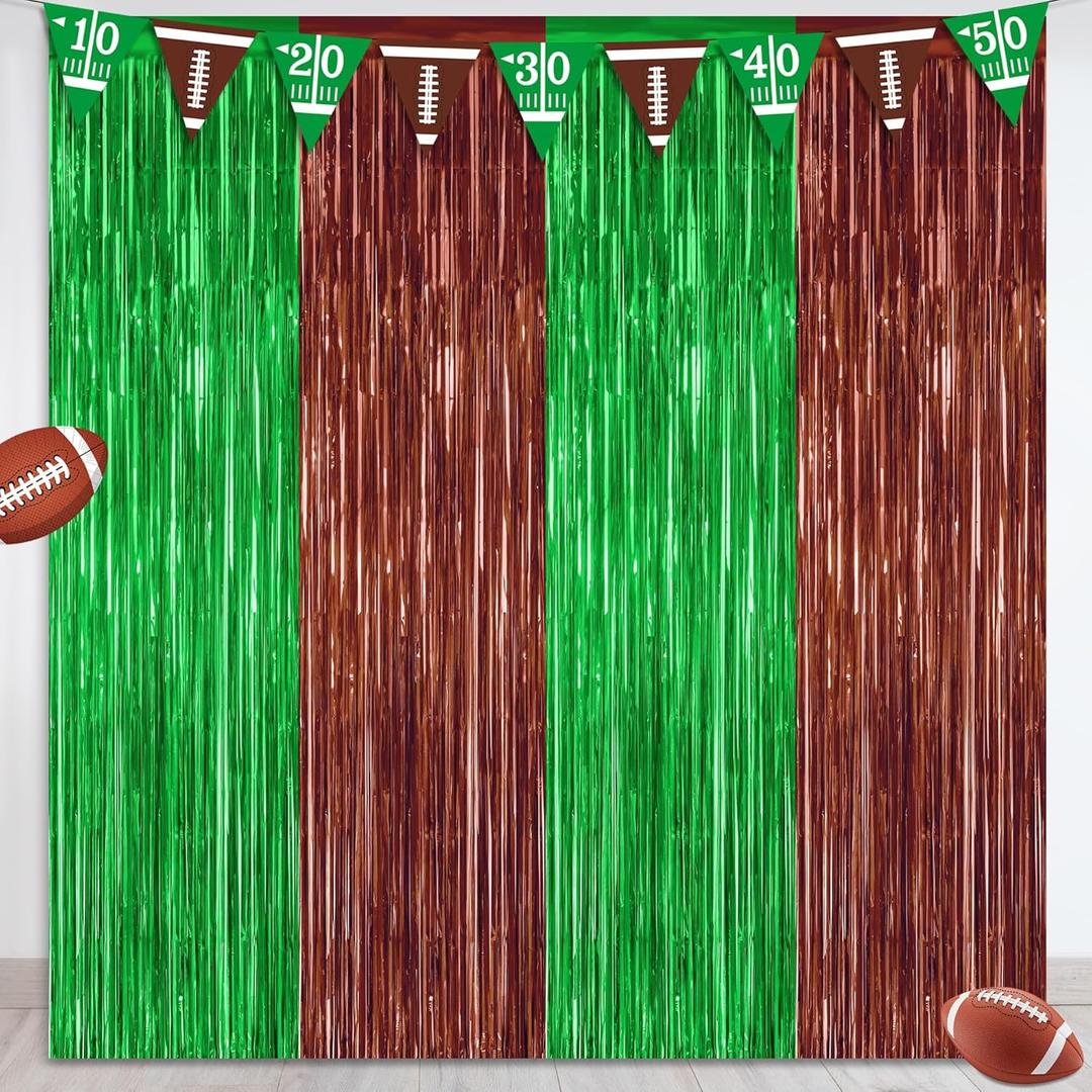 Football Party Decorations, 3.28 FT x 7.05 FT Tinsel Backdrop, Brown Green Foil Fringe Curtains Metallic Party Streamer, Football Party Supplies Game Day Decorations 2025