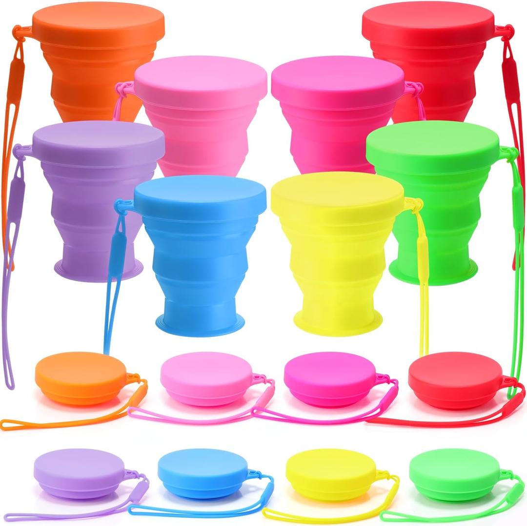 Funnymoom 8 Pcs Collapsible Travel Cups with Lids 7 oz Silicone Folding Camping Cup Reusable Drinking Cup Sets for Outdoor Hiking Camping and Travel(Rainbow Colors)