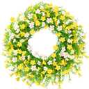 24 Inch White Yellow Artificial Forsythia Silk Front Door Wreath | Elegant White Yellow Silk Flower Summer Wreath, Decor for Wall, Farmhouse Indoor & Outdoor Home Decoration