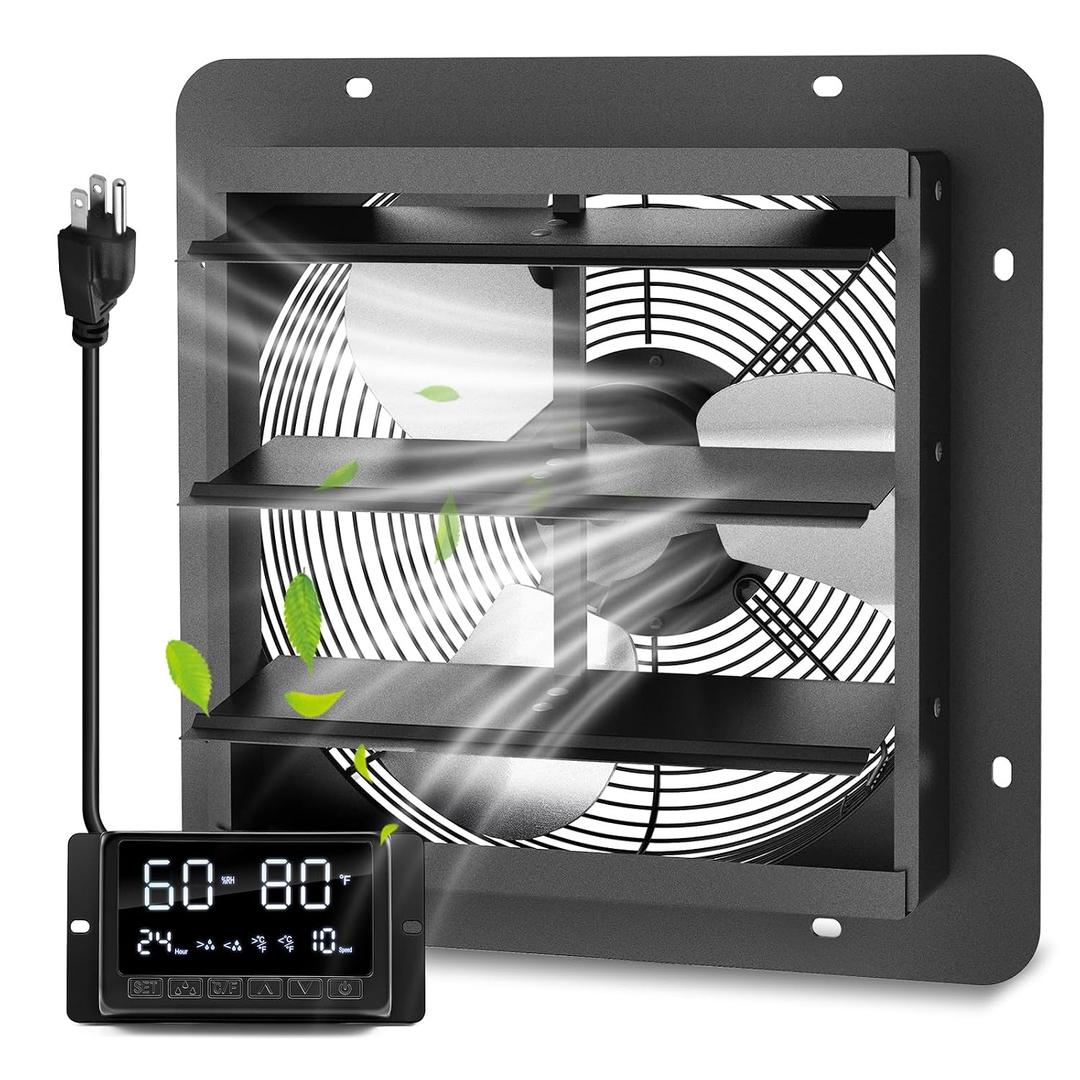 14" Wall Mounted Shutter Exhaust Fan with Thermostat - Temperature Humidity Controller, EC Motor, Aluminum Auto Shutter Ventilation Fan, Attic Vent Fan, Coops, Greenhouse, Barn, Shed Ventilator