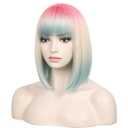 WildCos Short Bob Wig With Bangs 14 Inches Synthetic Cosplay Wig for Women (Pink - Blonde - Blue)