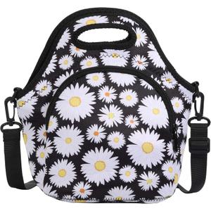 CILLA Neoprene Lunch Bag for Women Insulated Lunch Tote Bags Washable Lunch Container Box Picnic Lightweight Meal Prep Bags(White daisy+)