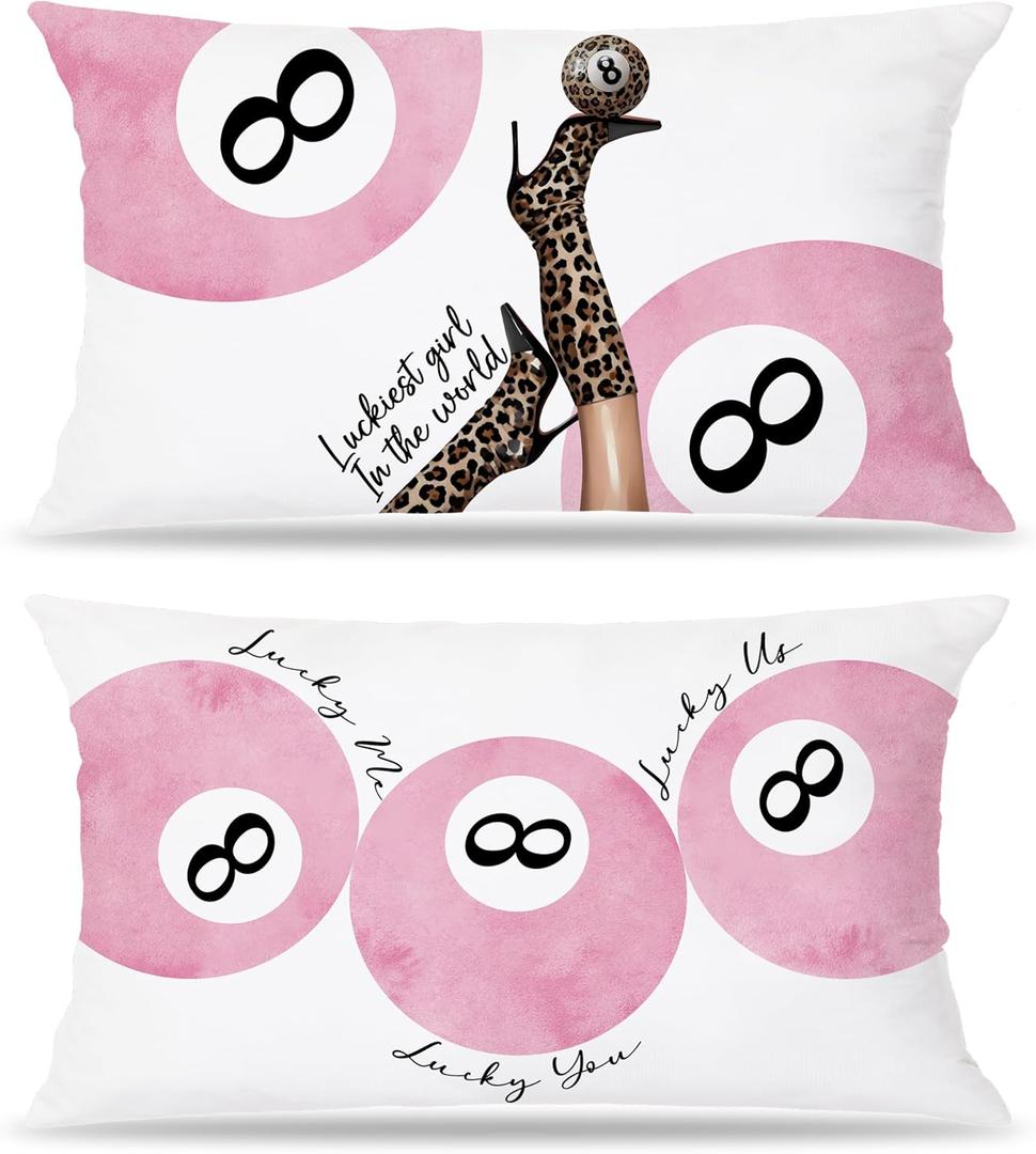 Trendy Preppy Pink Lucky 8 Ball Pillow Covers 18x18, Preppy Room Decor, Trendy Leopard Print 8 Ball Boots Decorative Throw Pillow Covers for Girls Bedroom Dorm Apartment, Set of 2