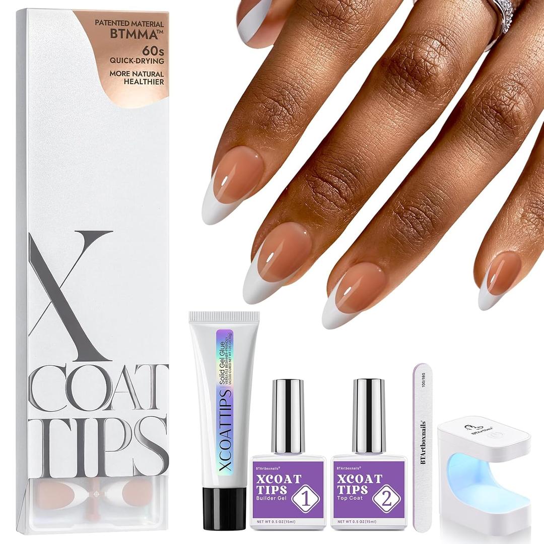 BTArtboxnails French XCOATTIPS Nail Kit - Brown Medium Almond French Tip Press on Nails Fake Nails for Nail Art Wedding Easy DIY