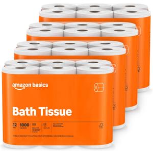 Amazon Basics 1000 Sheet 1-Ply Bath Tissue, 48 Rolls (4 Packs of 12), Septic Safe