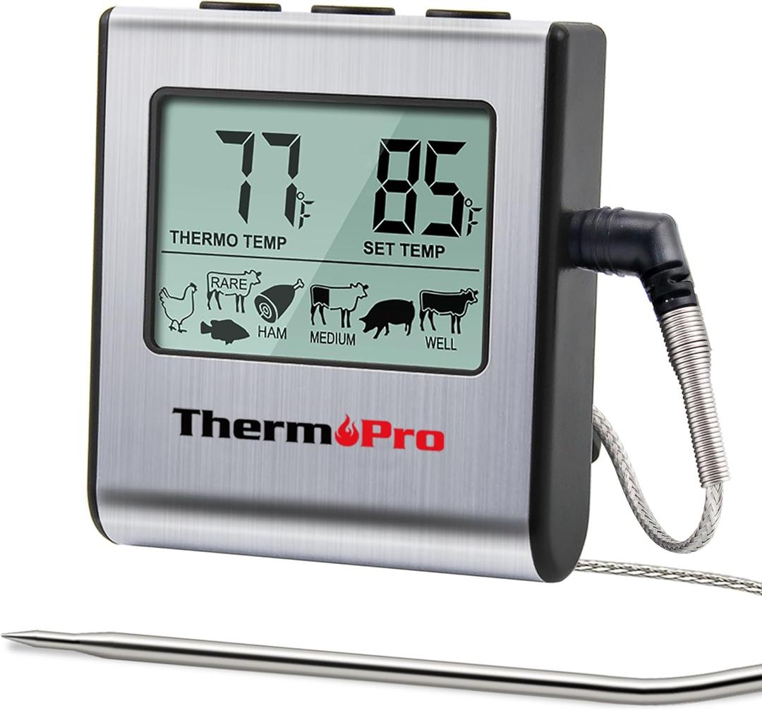 ThermoPro TP16 Large LCD Digital Cooking Food Meat Thermometer for Smoker Oven Kitchen BBQ Grill Thermometer Clock Timer with Stainless Steel Temperature Probe (Light Silver)