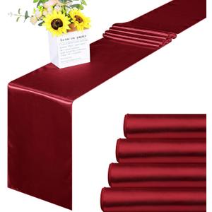 ANECO 4 Pack Satin Table Runner 12 x 108 Inch Long Bright Silk and Smooth Fabric Party Table Runner for Wedding Banquet Party Decoration (Burgundy)