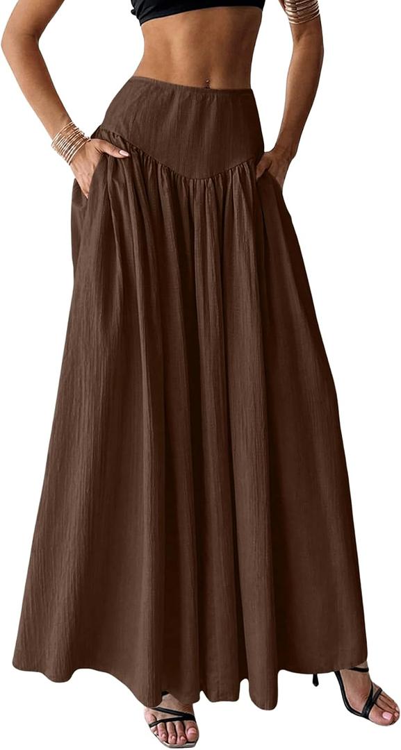 Milumia Women's Pleated Flowy Long Skirts High Waist Maxi Skirt with Pocket (Brown, M)