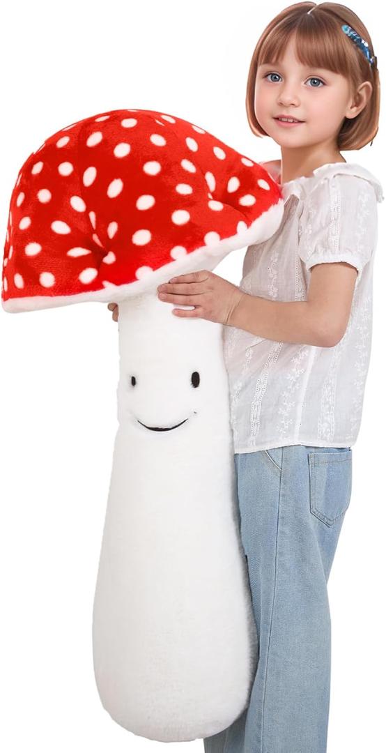 MMguai 28'' Mushroom Plush Pillow, Red Mushroom Shaped Stuffed Long Pillow Toy, Soft Plushies Gift for Kids Boy Girls Birthday, Sofa Home Decoration