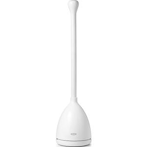 OXO Good Grips Toilet Plunger with Holder and Drip Tray - White | Heavy Duty Toilet Unclogger, Compact Caddy Catches Drips, Non-Slip Grip, Bathroom Cleaning Supplies, Easy Storage