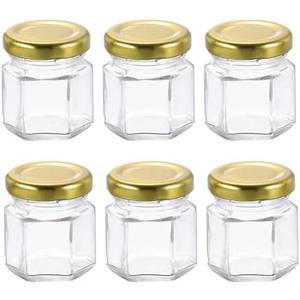 HARFINGTON 4pcs Hexagon Glass Honey Jars 1.5oz Small Mini Honey Jar Container with Gold Lids for Wedding Party Favors Bridal Shower