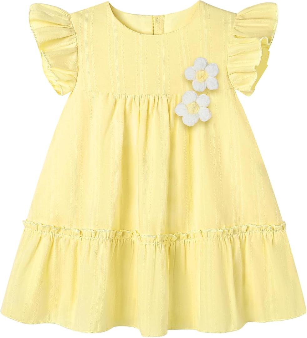YALLET Toddler Baby Girl Dress Ruffle Sleeveless 3D Floral Adorning Kids Floral Dress for Playdate Birthday Photoshoot (6-12 Months, Yellow)