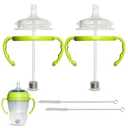 Straw Cup Conversion Kit for Comotomo Baby Bottles 2-Count, Food Grade Silicone Straw Nipples, All Silicone Weighted Straw, Bottle Handles and Cleaning Brush, BPA Free, 6+ Months (Straw Top, Green)