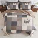 128"x120" Oversized Bedspread - 100% Cotton, Bear Deer Prints California King Extra Large Quilt, Cal King Farmhouse Cottage Plaid XL Bed Spread Lightweight Comforter, 3pcs, Brown/Green