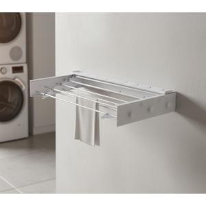 Wall Mounted Clothes Drying Rack, 32" Space Saving Foldable Laundry Drying Rack with Wall Template for Bathroom, Apartment, College Dorm (White Shelf with 5 Rods and 6 Hooks)