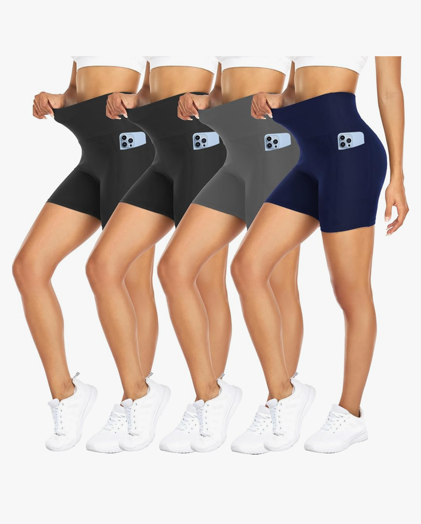 FULLSOFT 4 Pack Biker Shorts for Women with Pockets – 5" High Waisted Tummy Control Workout Yoga Running Gym Tennis Shorts, S-M