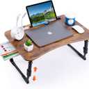 Laptop Desk for Bed, Height Adjustable Laptop Bed Table, Foldable Portable Lap Desk Stand with USB/Storage Drawer/Cup Holder/Slot, Breakfast Tray for Working Reading Writing Eating (Curved Desktop, Retro Brown)
