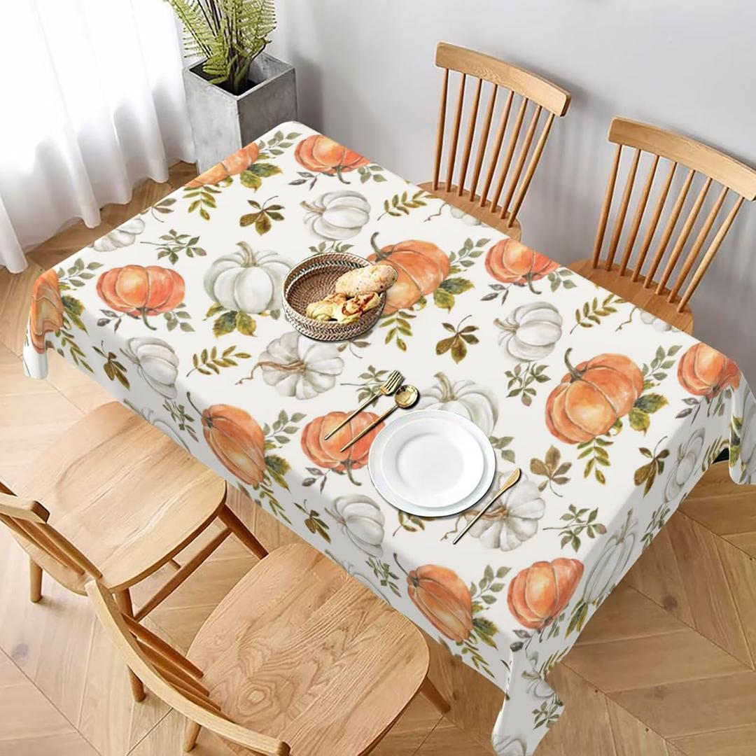 AEIOAE Autumn Fall Tablecloth 60 x 120 Inch Rectangle, Watercolor Orange White Pumpkin Maple Leaf Table Cloth, Thanksgiving Tablecloths Farmhouse Decorative for Home Kitchen Dining Party