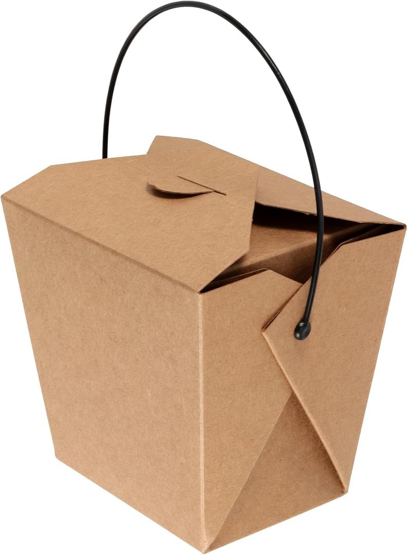PINGEUI 100 Pack 26 oz Chinese Take Out Boxes, Brown Kraft Take Out Boxes with Handle, Leak and Grease Resistant Stackable to Go Boxes Food Container for Weddings, Party Favors, Restaurant, Unfolded