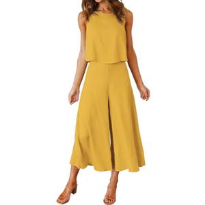 ROYLAMP Women's Summer 2 Piece Outfits Round Neck Crop Basic Top Cropped Wide Leg Pants Set Jumpsuits (Yellow), XS