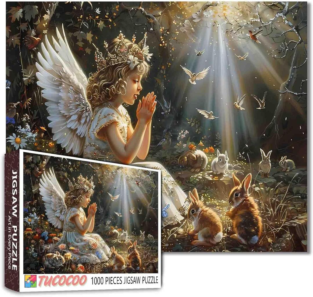 Baby Angel Girl Jigsaw Puzzle 1000 Pieces Puzzles for Adults, Prayerful Angel in Forest Jigsaw Puzzles for Challenging Family Activity Games DIY Puzzle for Home Wall Decor Gifts - 20 x 27 Inches