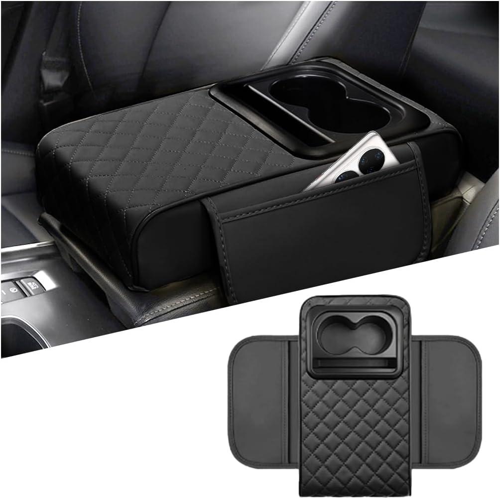 Mandark Car Center Console Armrest Pillow, Leather Memory Foam Auto Arm Rest Box Cover with Storage Bag, Waterproof Automotive Interior Elbow Protector Accessories, Universal Fit (Black)