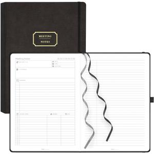 EMSHOI Meeting Notebook for Work with Sticky Tabs - 240 Pages, A4 Size Project Planner, PU Leather Meeting Agenda/Minutes Organizer for Women Men, Note Taking, Office & Business, 8.3"x11.7", Black