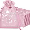 Sweetude 50 Pcs Sweet 16 Gift Bags with Drawstring Pink Silk Satin 16 Years Sweet Birthday Candy Party Favors for Guests Decoration