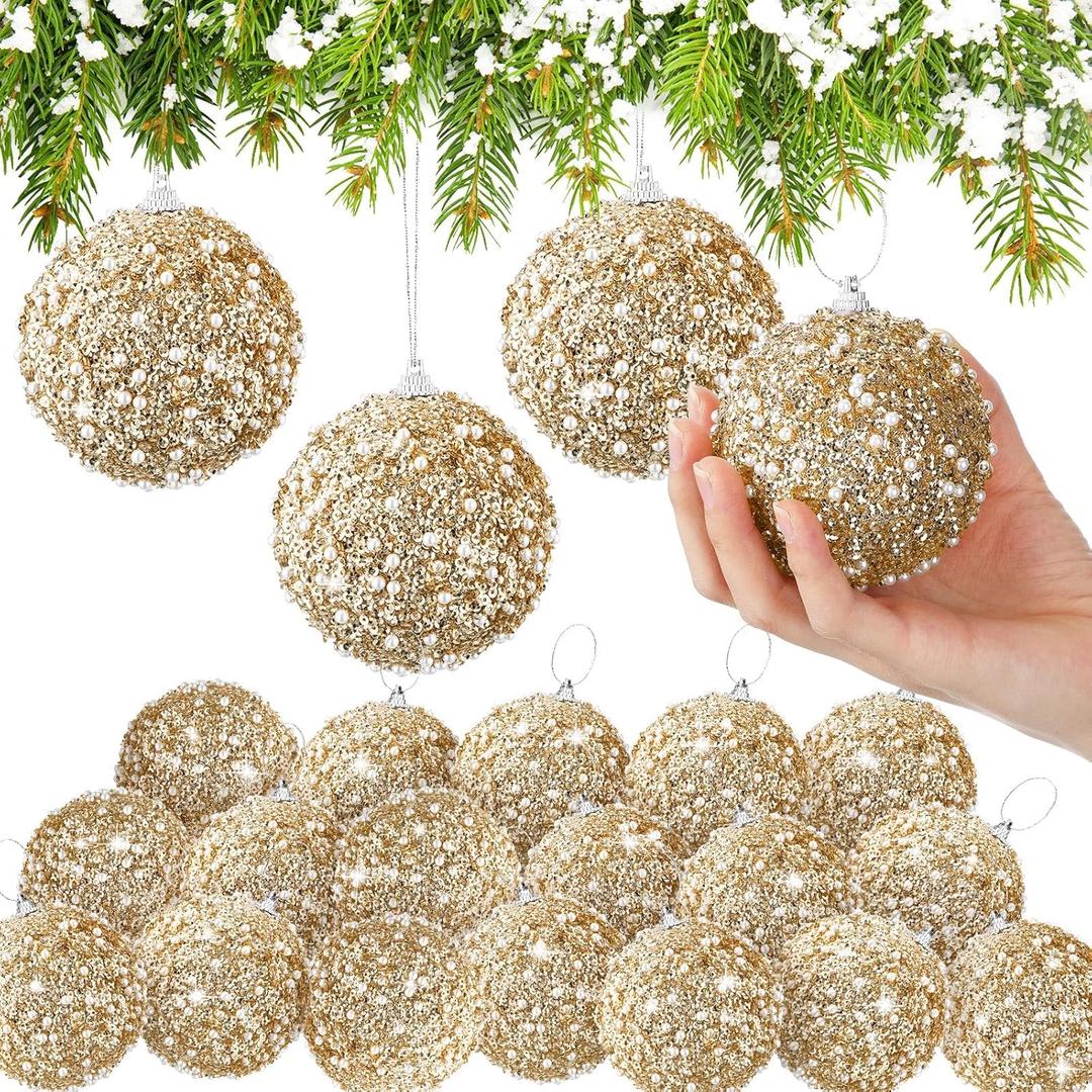 Lyrow 24 Pcs 3.15" Glitter Christmas Ball Ornament Set Christmas Ball Bulk Xmas Sequin Foam Hanging Ornament Decorative Hanging for Tree Party Holiday Decor(Ab White)