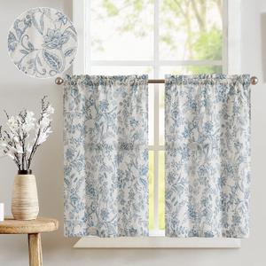 jinchan Floral Kitchen Curtains for Windows 45 Inch Linen Tier Farmhouse Cafe Curtains Country Botanic Small Window Rod Pocket Rustic Flax for Laundry Bathroom RV 2 Panels Blue on Beige
