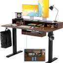 Agilestic Glass Standing Desk with Storage, 48 Inch Electric Adjustable Desk with Glass Shelf and Cable Management, Sit Stand Up Home Office Computer Table, Splice Board, Dark Walnut