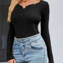 Amoretu Women's Henley Long Sleeve V Neck Shirts Slim Fitted Side Ruched Button Tops (Black, XXL)