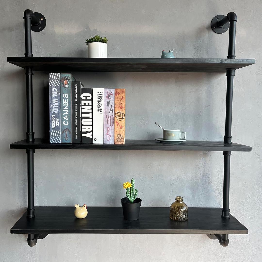 Industrial Pipe Shelf Shelving Bookcase, Wall Mounted Rustic Bookshelf, Floating Bookshelves for Wall,Retro Wood Metal Pipe Industrial Shelves for Living Room (3Tier30in, Black)
