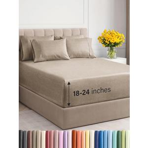 Extra Deep Cal King Sheet Set - 6 Piece Breathable & Cooling Sheets - Hotel Luxury Bed Sheets Set - Easy Fit - Soft, Wrinkle Free & Comfy Sheets Set - Heathered Beige Sheet Set w/Extra Deep Pockets