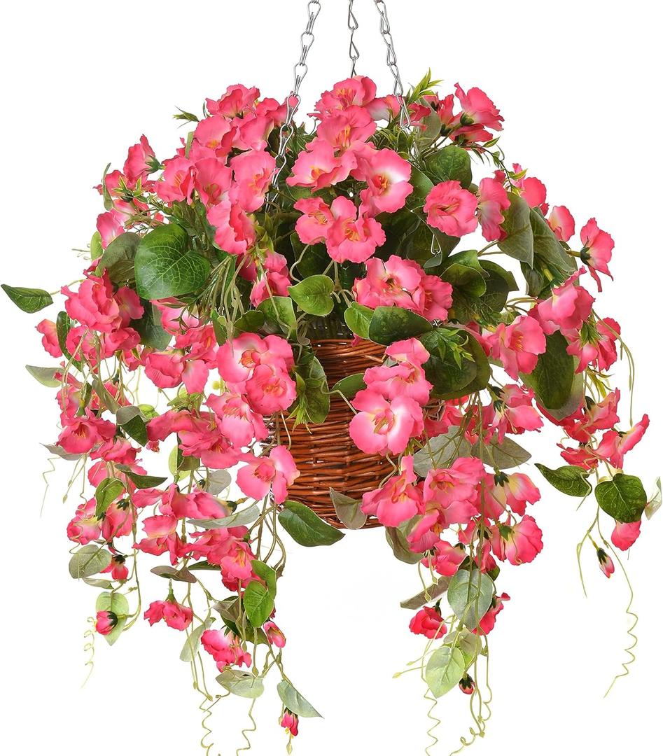 Artificial Fake Hanging Hibiscus Flowers Plants Baskets for Outdoor Outside Spring Summer Decoration, Faux Silk Hibiscus Long Vines in Planter UV Resistant Realistic Flowers (Pink)