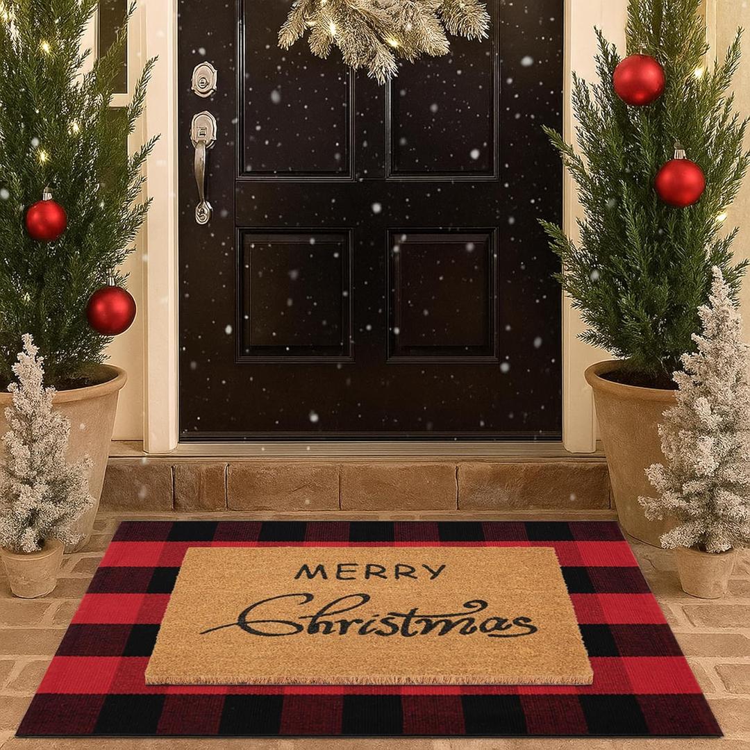 Christmas Door Mat Combo Set - 100% Coco Coir Welcome Mat + 28 x 43 Inch Red and Black Plaid Rug, New Year Holiday Christmas Collection Doormat for Front Porch Entryway Decorative