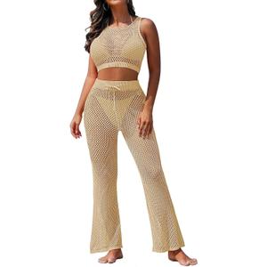 Pink Queen Women's Swimsuit Cover Up Set 2 Pieces Crochet Sleeveless Crop Top Wide Leg Long Pants Beach Coverups (Medium, Apricot)
