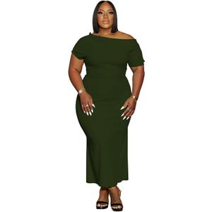YeGine Women Plus Size Bodycon Long Dress Off Shoulder Sexy Slim Elegant Dresses (3X-Large Plus, Green)