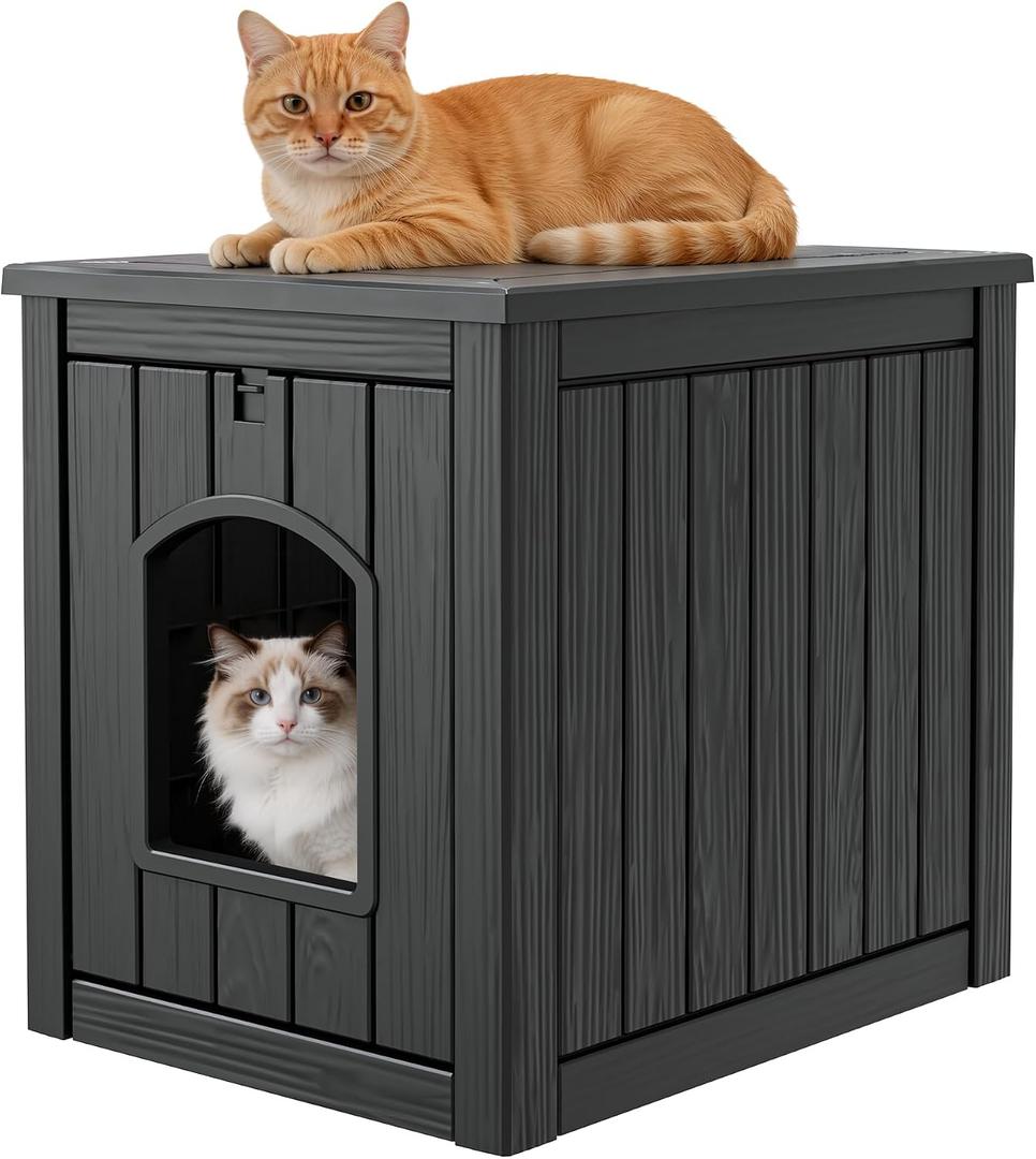 Outdoor Cat House Weatherproof, Resin Cat Houses for Outdoor Indoor Cats, Cat Box Enclosure, Easy to Assemble & Clean, Black