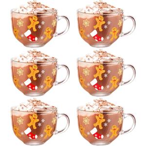 Sliner 6 Pcs Christmas Glass Coffee Mugs with Handle, 16 oz Clear Irish Coffee Mugs Footed Irish Glasses Christmas Winter Holiday Cups for Beverages Latte Hot Chocolate (Gingerbread)