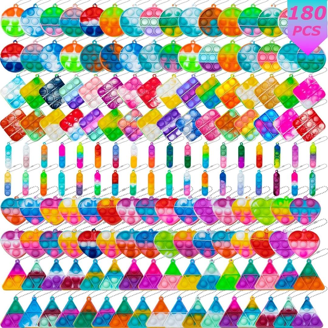 Pop Fidget Keychain Mini Fidget Toys Bulk 180 Pack Party Favors for Kids 3-5 4-8 Year Boys Girls Push Pops Bulk Stocking Pinata Stuffers Birthday Carnival Treasure Classroom Prizes Toddler
