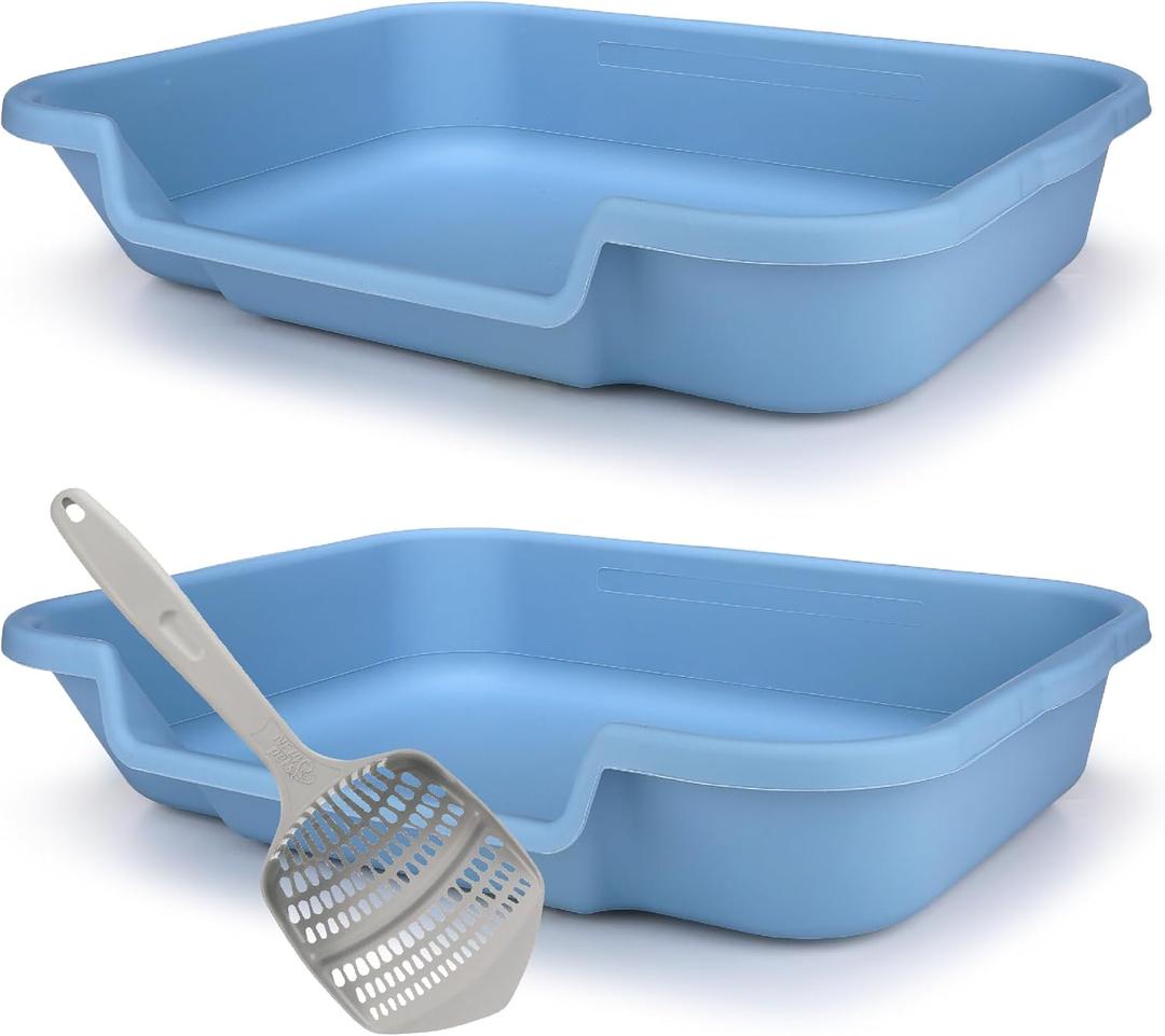 KittyGoHere Senior Cat Litter Box 2 Pack, Large Blue Low Entrance Kitty Litter Box, Sized for Cats Comfort, Perfect for Senior & Arthritic Cats, Made in USA, with Long-Handle Jumbo Scoop (Little Boy Blue)