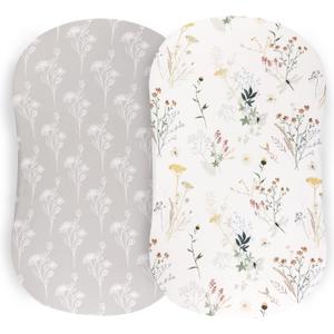 Pobibaby - 2 Pack Premium Bassinet Sheets for Standard Bassinets - Ultra-Soft Jersey Knit, Stylish Floral Pattern, Safe and Snug for Baby (Wildflower) (Wildlife)