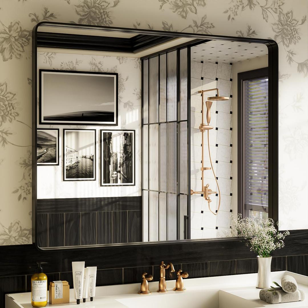 ISKM Black Bathroom Mirror for Wall 48" x 40" Matte Black Framed Vanity Mirror Anti-Rust, Tempered Glass, Rounded Rectangle Mirror(Horizontal/Vertical)